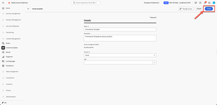 Create button to finish creating the Promotional Template