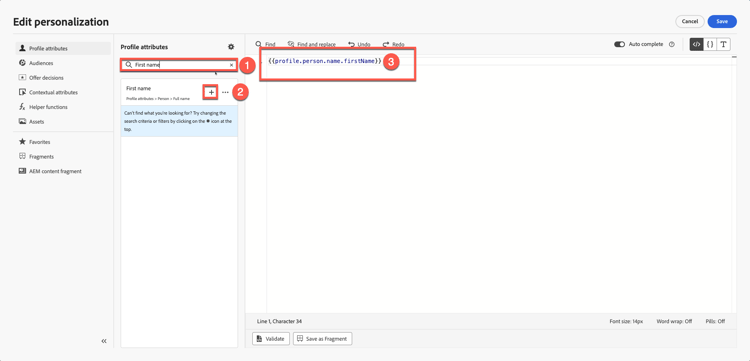 Searching for the First Name attribute in the personalisation panel