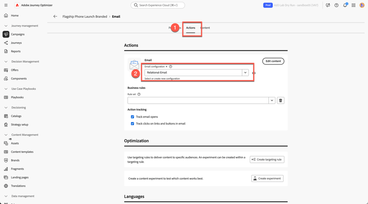 Action tab with the email configuration selected