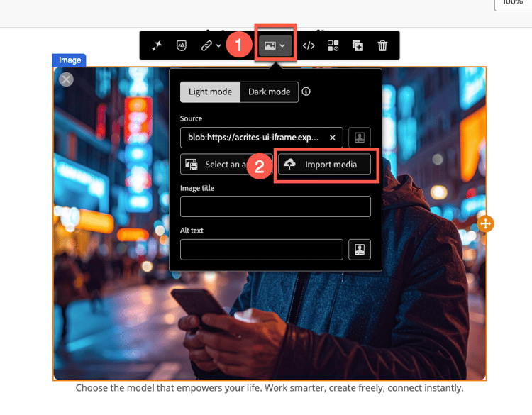 Clicking the image and Import Media for the below-40 variant