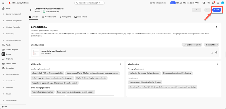 Publish button for the brand guidelines