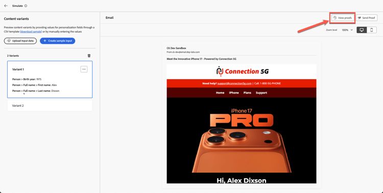 View Proof button on the email creation screen