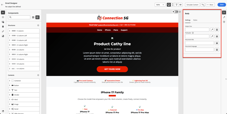 Header, hero, footer, and content blocks appearing correctly in the email