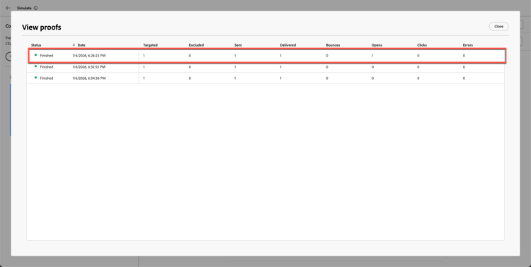 Proof email delivery logs, timestamps, and sent variants in AJO