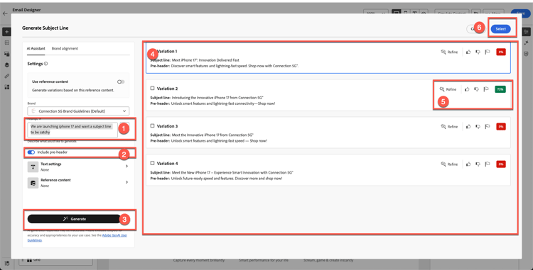 Selecting the best-aligned subject line variant from AI Assistant