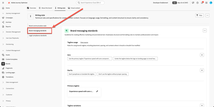 Brand communication style section in the Writing Style tab
