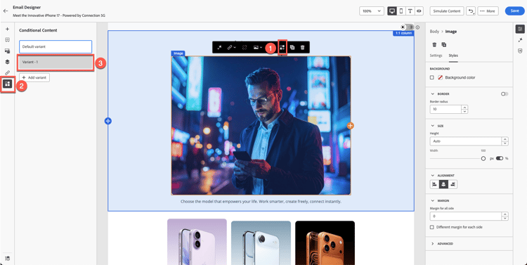 Add Variant button on the conditional image block