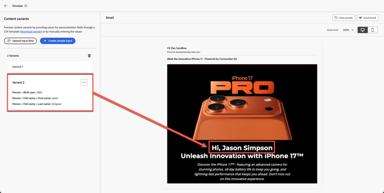 Personalised full name field shown for Jason in Variant 2