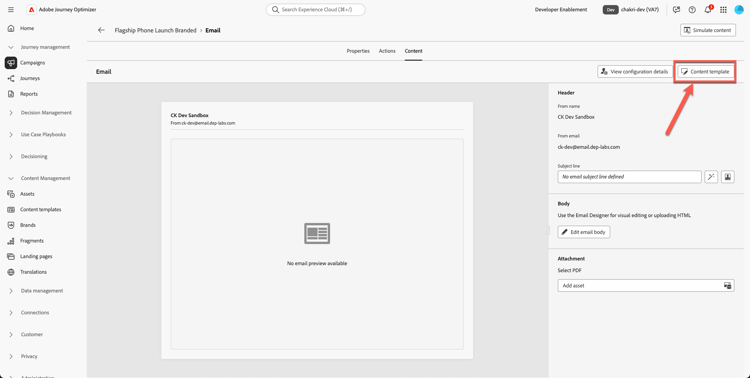 Content tab in the email editor