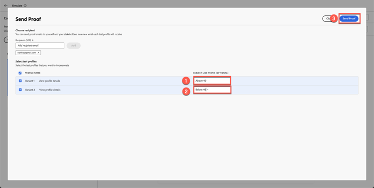 Green confirmation message showing proofs sent successfully