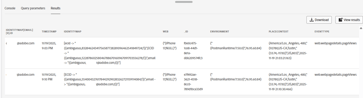 Query results showing the streamed web event in the data lake