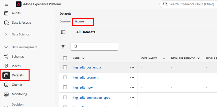 Datasets Browse tab in the Data Management section
