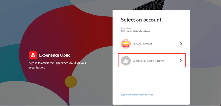 Prompt to select the Company or School Account profile