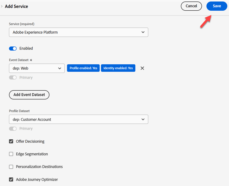 Adobe Experience Platform service configuration dialog with event and profile dataset fields