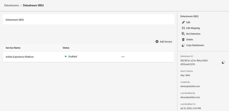 Adobe Experience Platform service added to the datastream