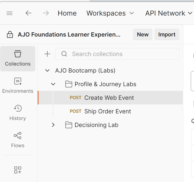 Postman sidebar navigating to the Create Web Event request
