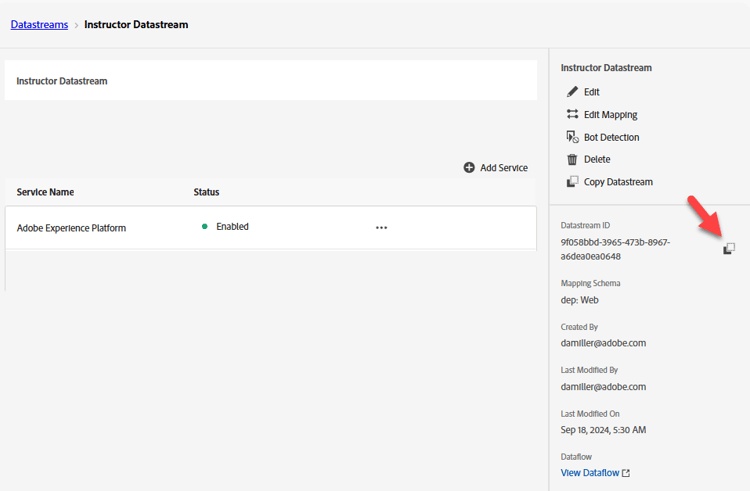 Datastream ID field to copy and save for later use