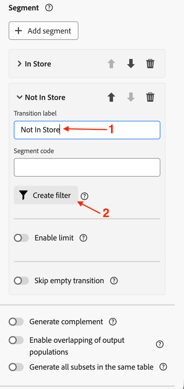 Segment renamed to Not In Store with the filter option