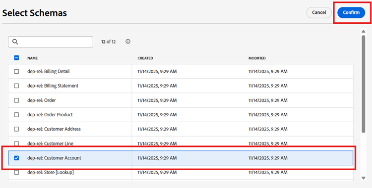 Select Schemas popup with dep-rel: Customer Account chosen