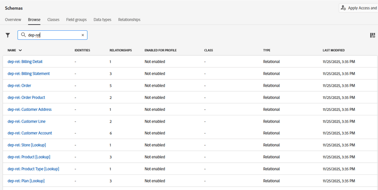 Search results showing all dep-rel relational schemas