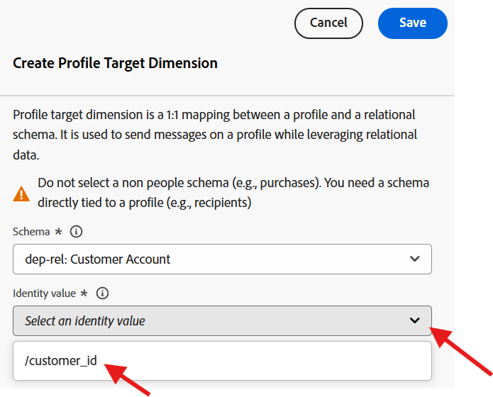Identity value drop-down with /customerid selected