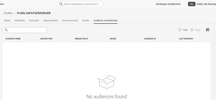 Edge view of Bob's profile showing no audience membership yet