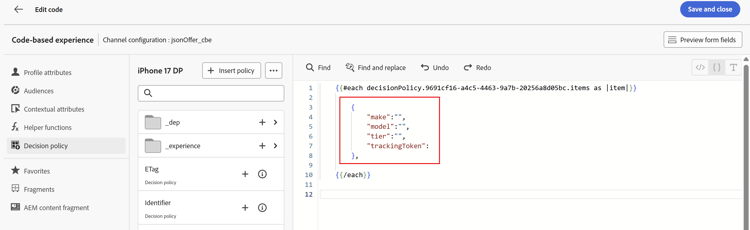 Initial JSON with make, model, tier, and trackingToken fields inside the ForEach loop