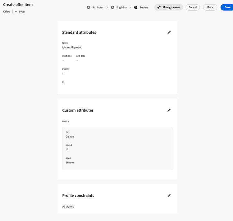 Review step confirming the generic offer item details before saving