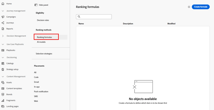 Empty Ranking formulas page before creating a formula