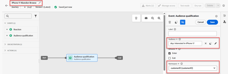 Journey canvas with the Audience Qualification event added and namespace set to customerID