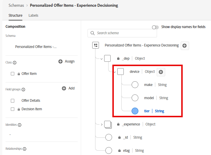 Device parent object showing the Tier, Model, and Make attribute fields