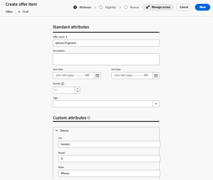 Device attributes for the generic offer set to Tier Generic, Model 17, Make iPhone