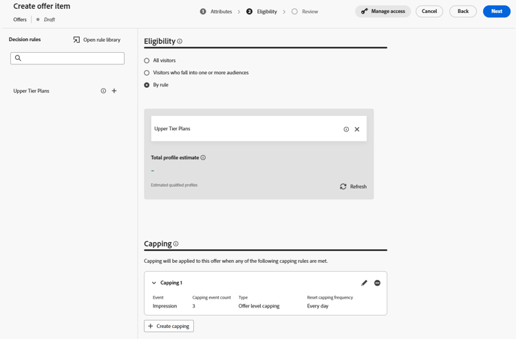 Pro offer item eligibility and capping configuration for 3 impressions per day