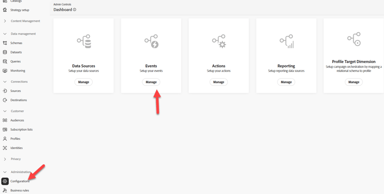 Manage button on the Events tile under Configurations