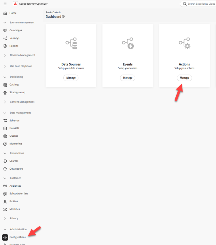 Manage button on the Actions tile under Configurations