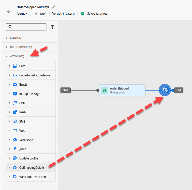 Drag the GetShippingDetails custom action onto the canvas after the orderShipped event
