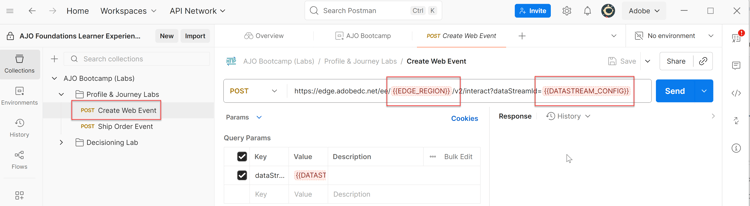 Postman request showing environment variables highlighted in red because no environment is selected
