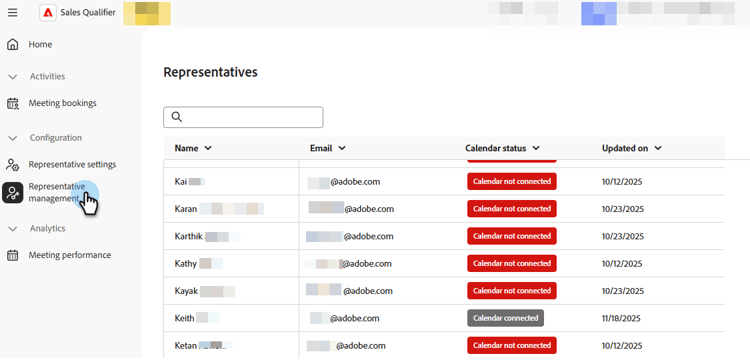 Representative management page