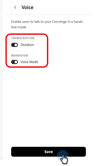 Voice panel with the Dictation and Voice Mode toggles turned on and the Save button at the bottom
