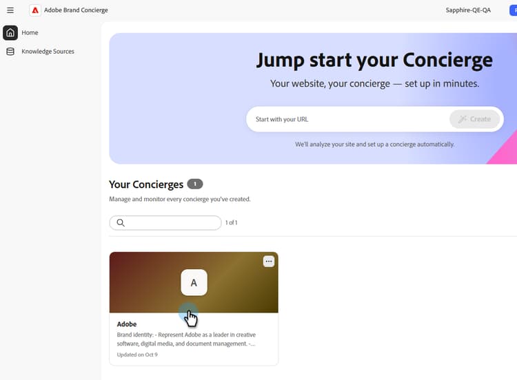 Brand Concierge Home screen with the Adobe concierge card highlighted under Your Concierges