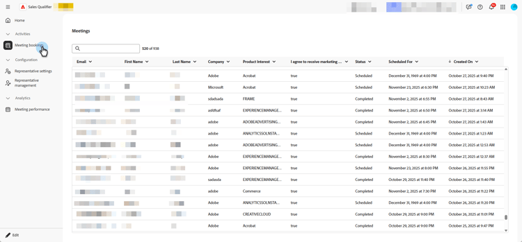 Meeting bookings page
