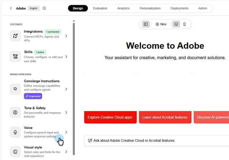 Design tab of a concierge with the Voice option highlighted in the left panel under Brand Expression