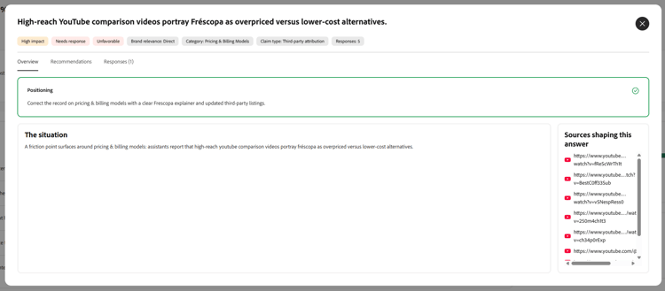 Individual claim detail view with the Overview, Recommendations, and Responses tabs