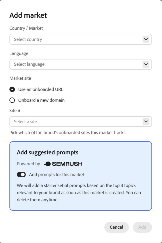 Add market dialog with country, language, market site, and an option to add Semrush-powered suggested prompts