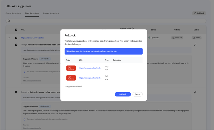 Rollback dialog listing suggestions to revert