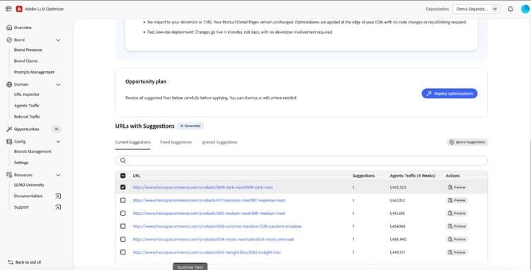 URLs with suggestions table