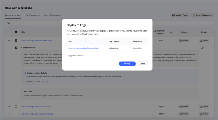 Deploy to Edge dialog for multimedia transcript summary content patches