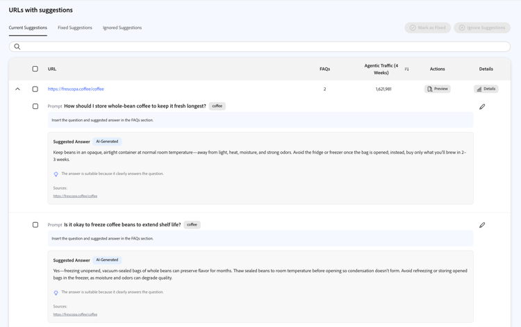 URLs with suggestions on Current Suggestions, expanded row with FAQ prompts and AI-generated answers
