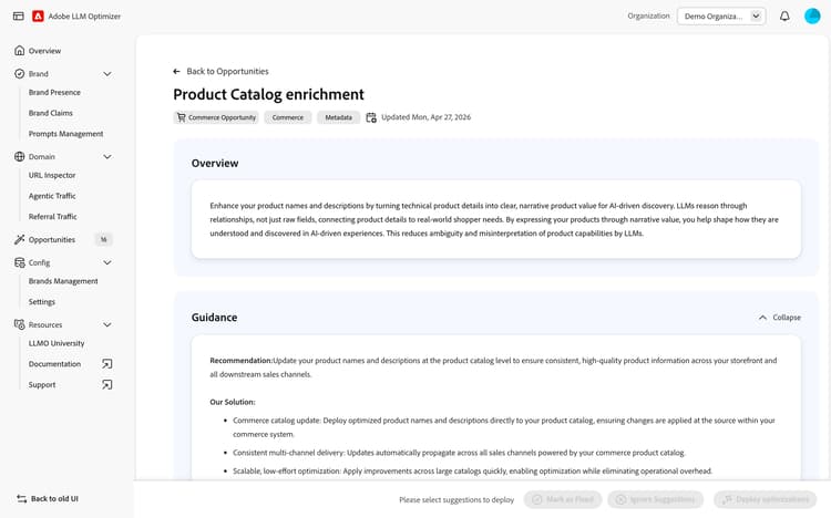 Enrich Product Catalog dashboard
