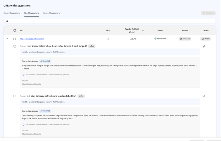 Fixed Suggestions with Optimized status, View Live, and Rollback